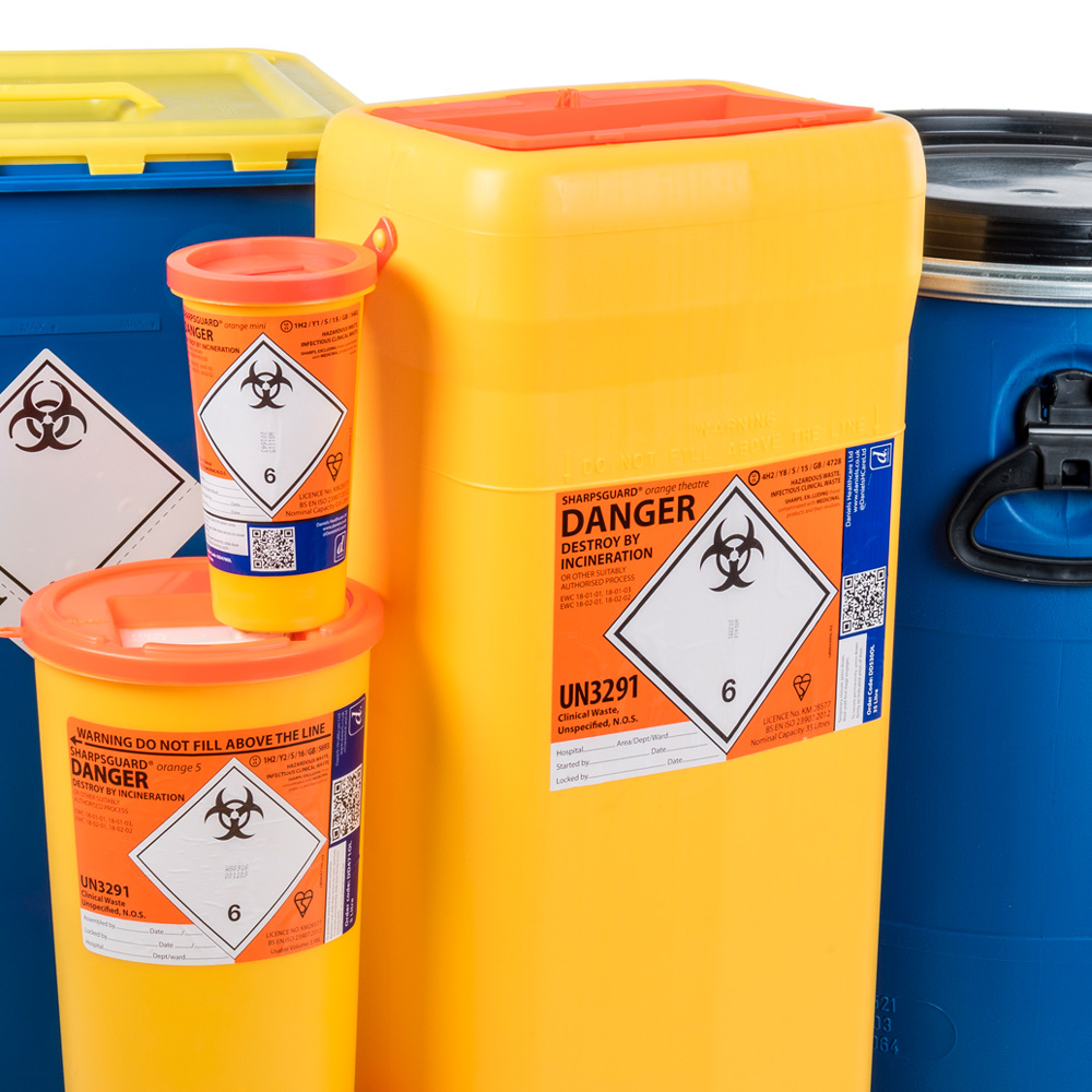 Kanülensammelbehälter,gelb mit Deckel, orange in verschiedenen Formen und Größen und Bauform rund und rechteckig